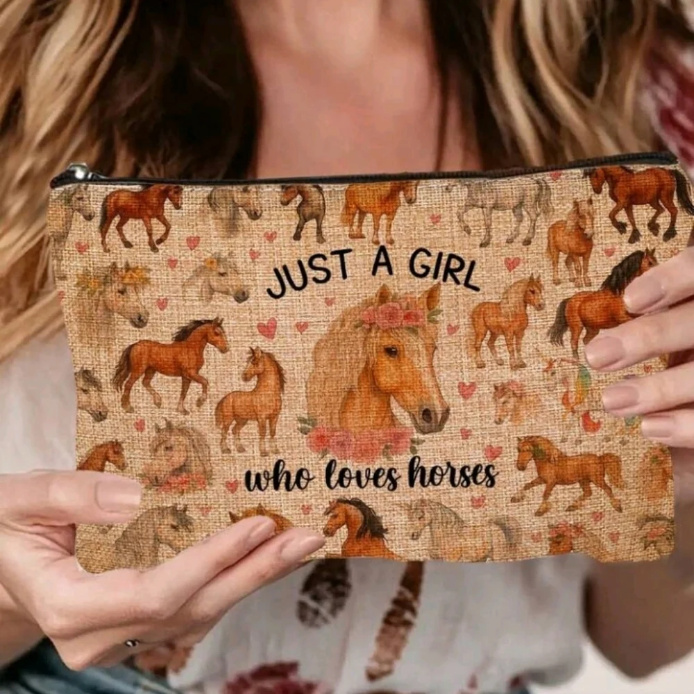 Just A Girl Who Loves Horses Equestrian Print Cosmetic Zip Pouch Purse